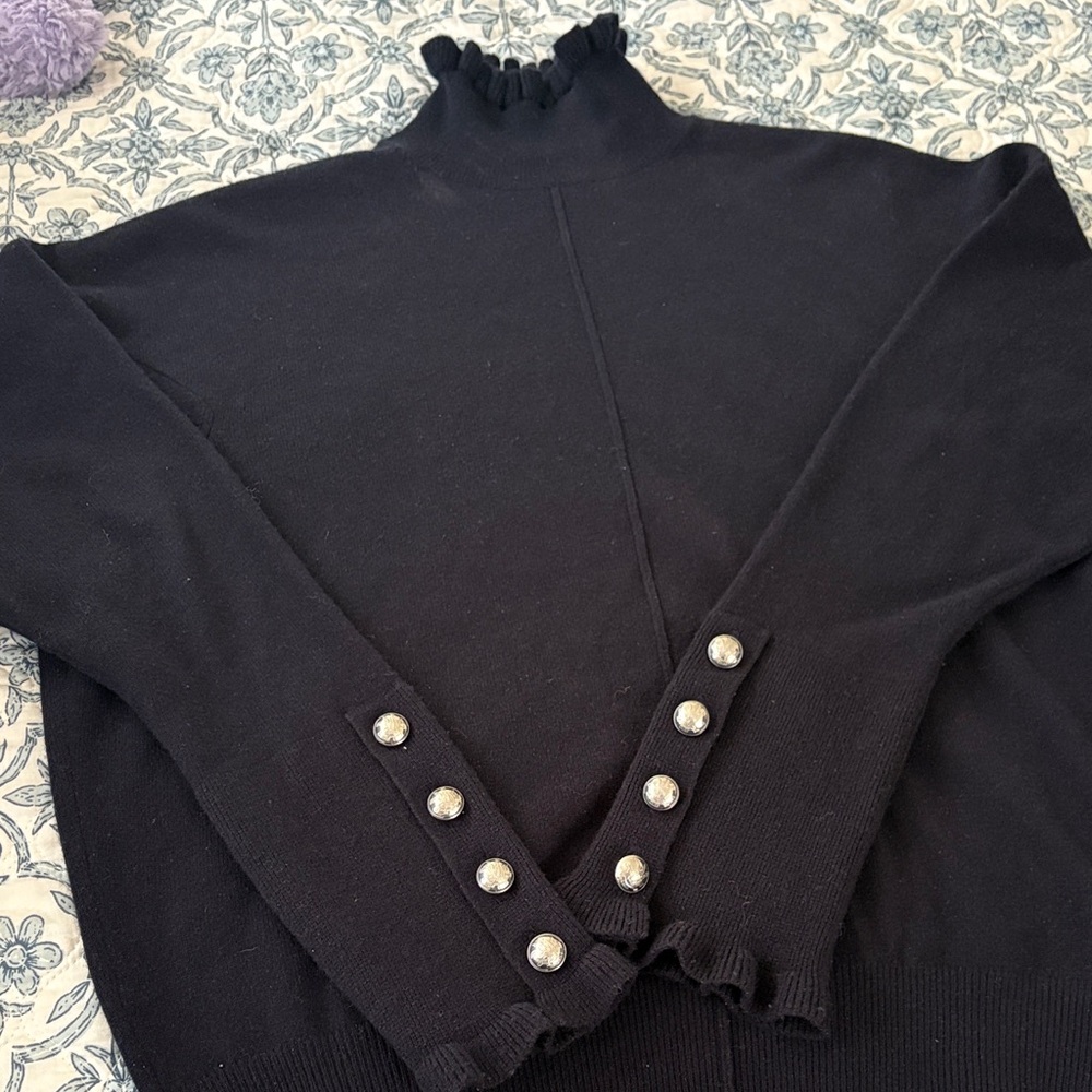 Chloe navy wool sweater with silver buttons on sleeves